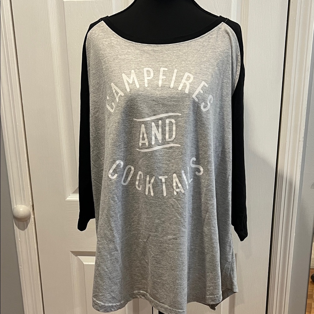 Campfires and Cocktails Gray and Black 3/4Sleeve Top